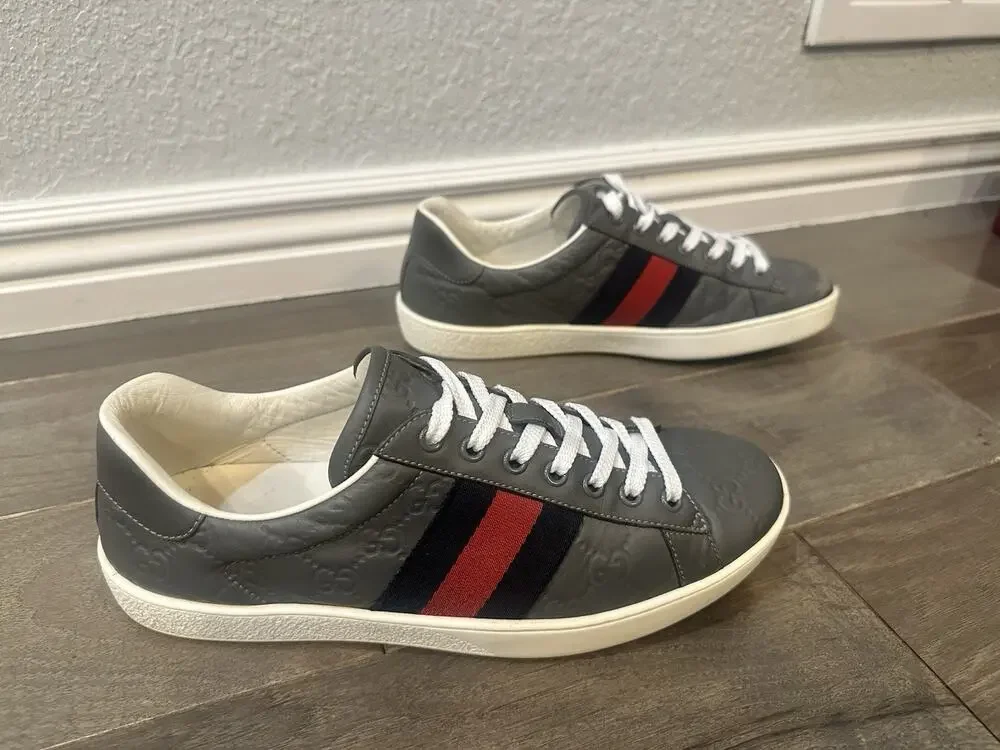 AUTHENTIC GUCCI ACE GUCCISSIMA GRAY WEB DESIGN SNEAKERS GG 7 (fits USA 8) 386750